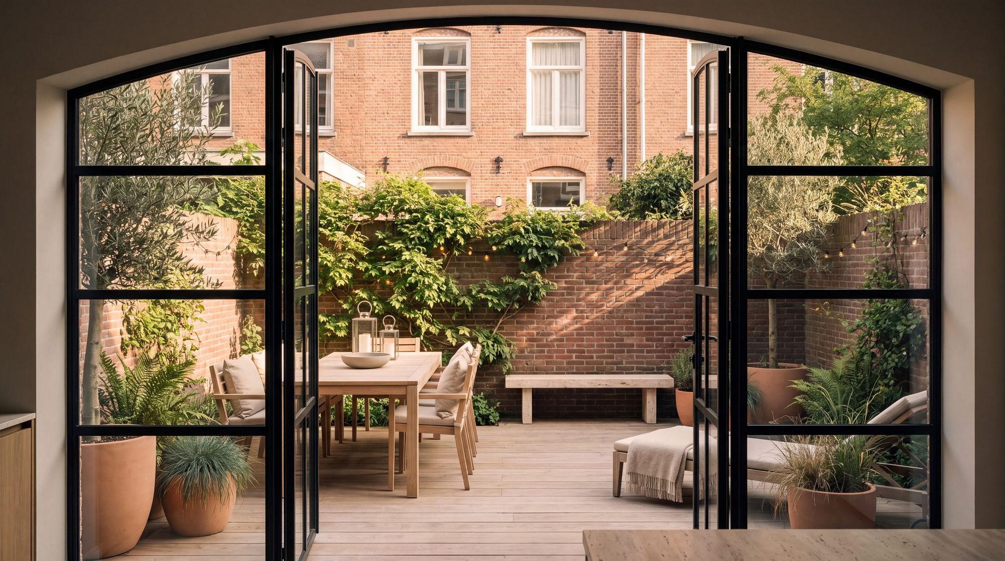 Doorkijk door een getoogde stalen pui naar de binnenplaats met tuintafel en planten
