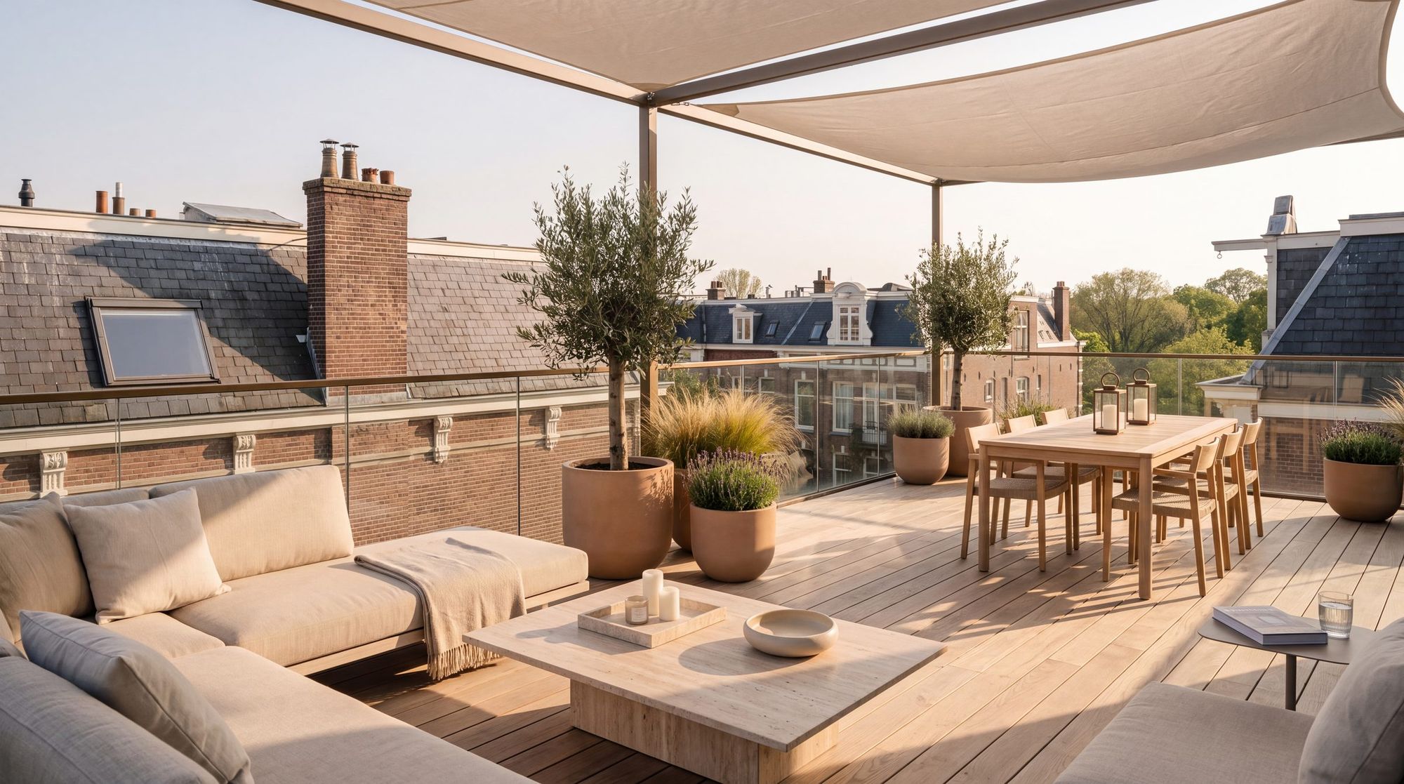 Dakterras met loungebank en olijfbomen boven de daken van Oud-Zuid