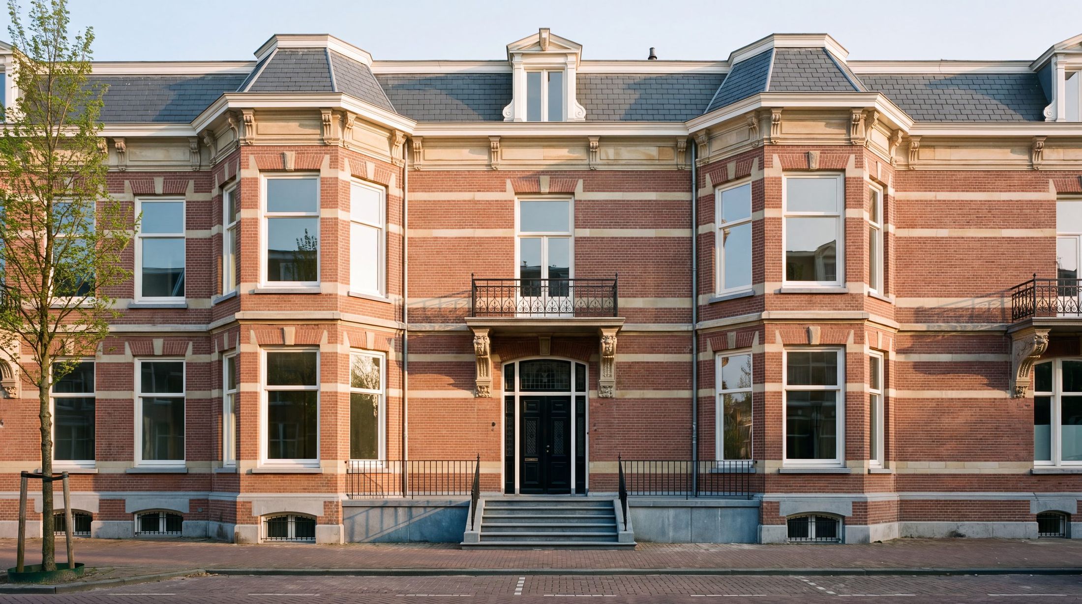 Gevel van Het Emmahuis in Oud-Zuid, symmetrisch, met twee erkers en een bordestrap