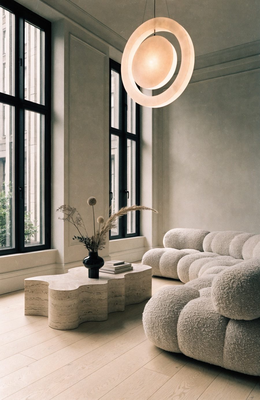 Woonkamer met eiken vloer, paneling, stalen pui en dubbele ringlamp
